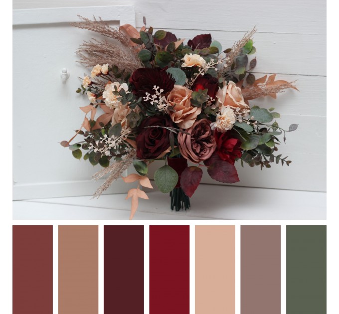 Bouquets in burgundy dusty rose peach color theme. Bridal bouquet. Faux bouquet. Bridesmaid bouquet. 0501