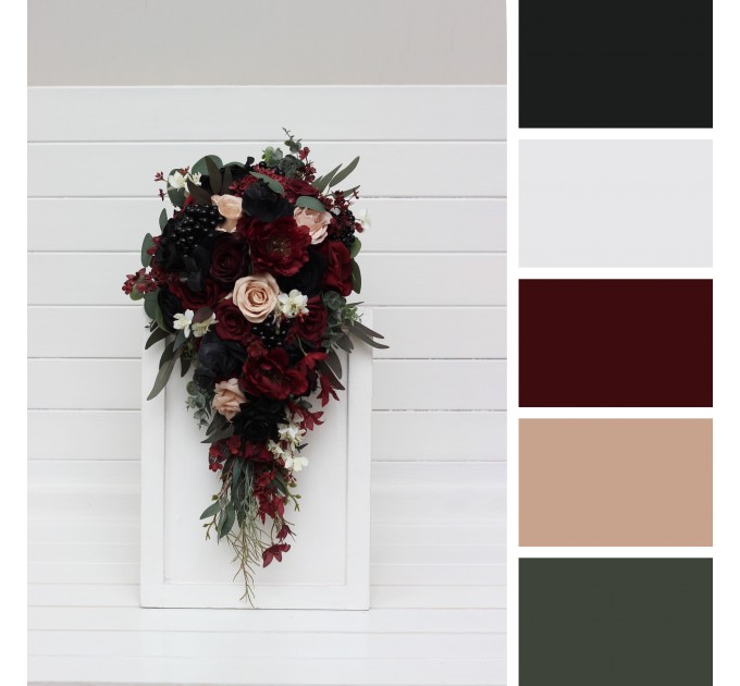 Burgundy, Black, Green, Beige, and Ivory Cascading Wedding Bouquets – Fall & Gothic Bridal Designs