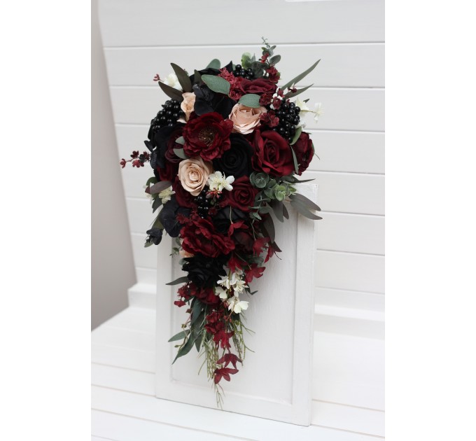 Burgundy, Black, Green, Beige, and Ivory Cascading Wedding Bouquets – Fall & Gothic Bridal Designs