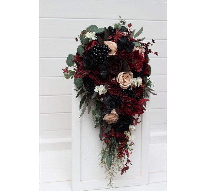 Burgundy, Black, Green, Beige, and Ivory Cascading Wedding Bouquets – Fall & Gothic Bridal Designs