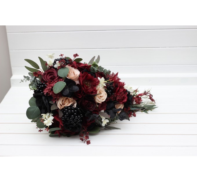 Burgundy, Black, Green, Beige, and Ivory Cascading Wedding Bouquets – Fall & Gothic Bridal Designs