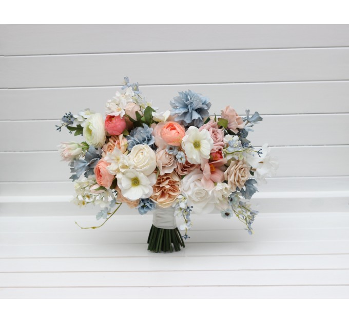 Spring & Summer Wedding Bouquets in White, Beige, Peach & Dusty Blue | Faux Bridal & Bridesmaid Daisy Bouquets