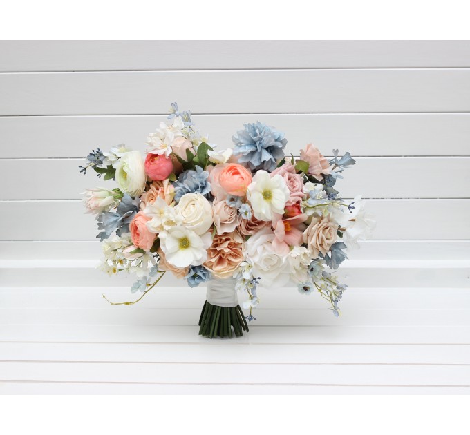 Spring & Summer Wedding Bouquets in White, Beige, Peach & Dusty Blue | Faux Bridal & Bridesmaid Daisy Bouquets