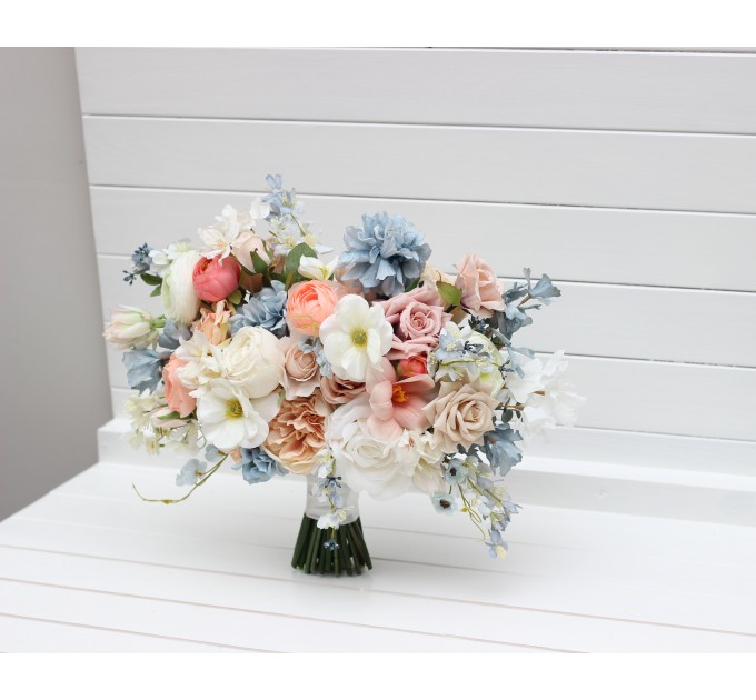Spring & Summer Wedding Bouquets in White, Beige, Peach & Dusty Blue | Faux Bridal & Bridesmaid Daisy Bouquets