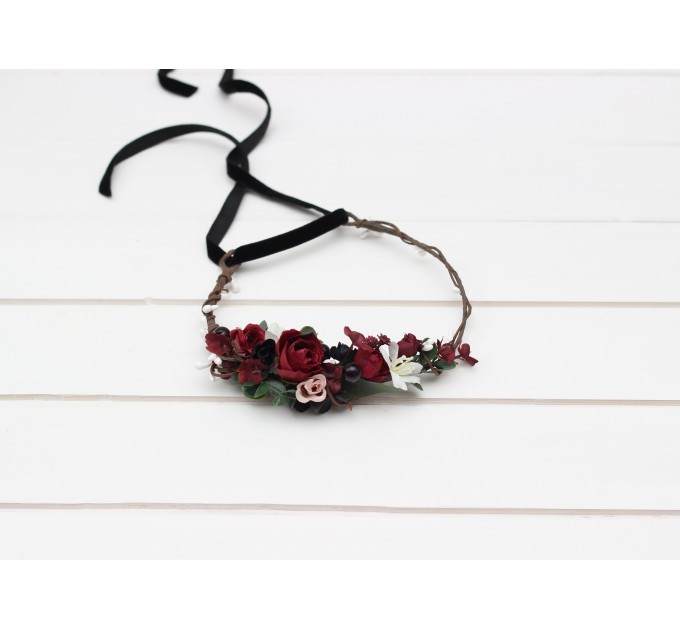 Burgundy black green beige ivory flower crown. Hair wreath. Flower girl crown. Wedding flowers. 5279