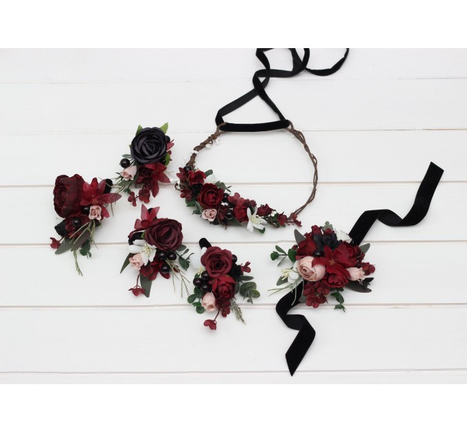 Wedding Boutonnieres & Wrist Corsage in Burgundy, Black, Green, Beige & Ivory | Faux Flower Accessories