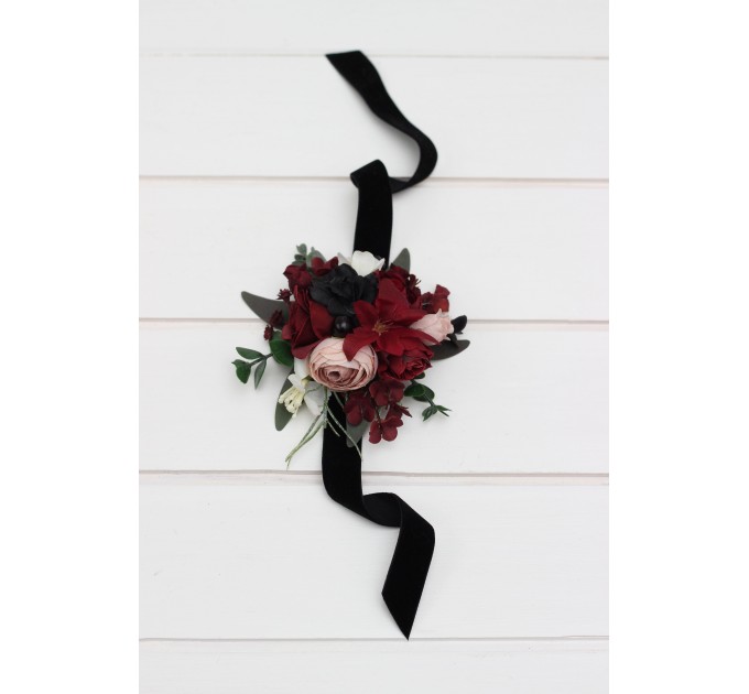 Wedding Boutonnieres & Wrist Corsage in Burgundy, Black, Green, Beige & Ivory | Faux Flower Accessories