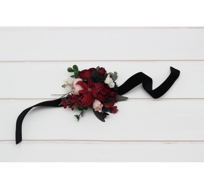 Wedding Boutonnieres & Wrist Corsage in Burgundy, Black, Green, Beige & Ivory | Faux Flower Accessories