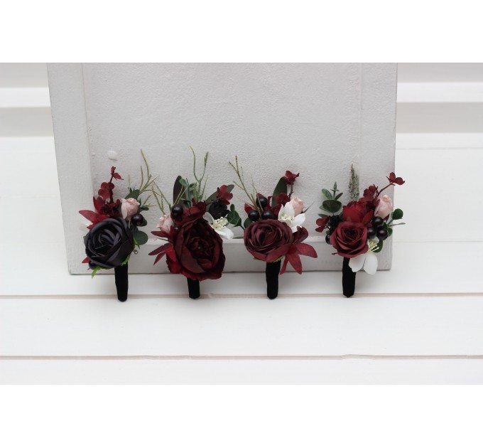 Wedding Boutonnieres & Wrist Corsage in Burgundy, Black, Green, Beige & Ivory | Faux Flower Accessories