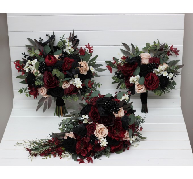 Burgundy, Black, Green, Beige, and Ivory Cascading Wedding Bouquets – Fall & Gothic Bridal Designs