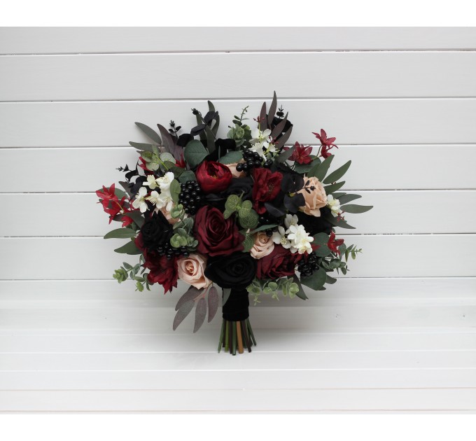 Burgundy, Black, Green, Beige, and Ivory Cascading Wedding Bouquets – Fall & Gothic Bridal Designs