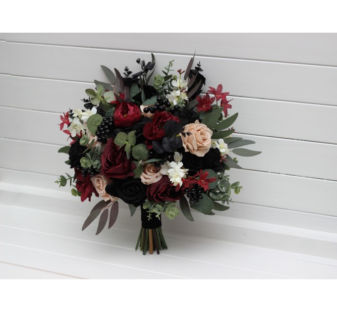 Burgundy, Black, Green, Beige, and Ivory Cascading Wedding Bouquets – Fall & Gothic Bridal Designs