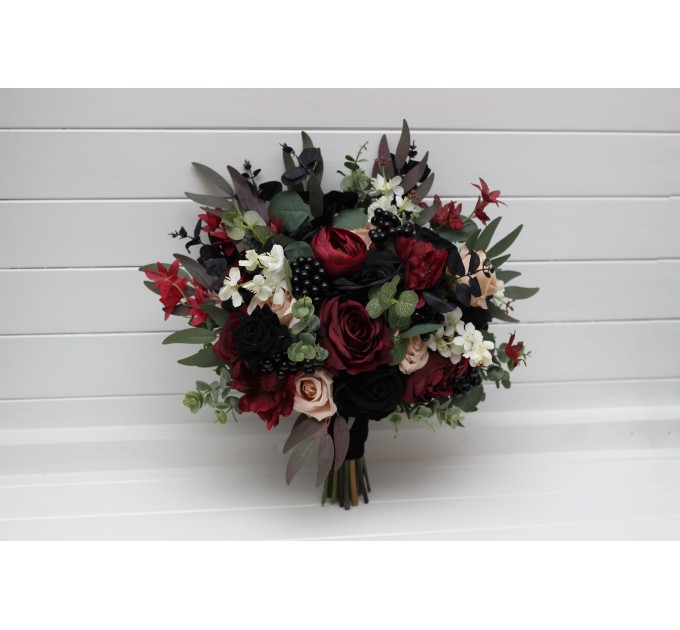 Burgundy, Black, Green, Beige, and Ivory Cascading Wedding Bouquets – Fall & Gothic Bridal Designs