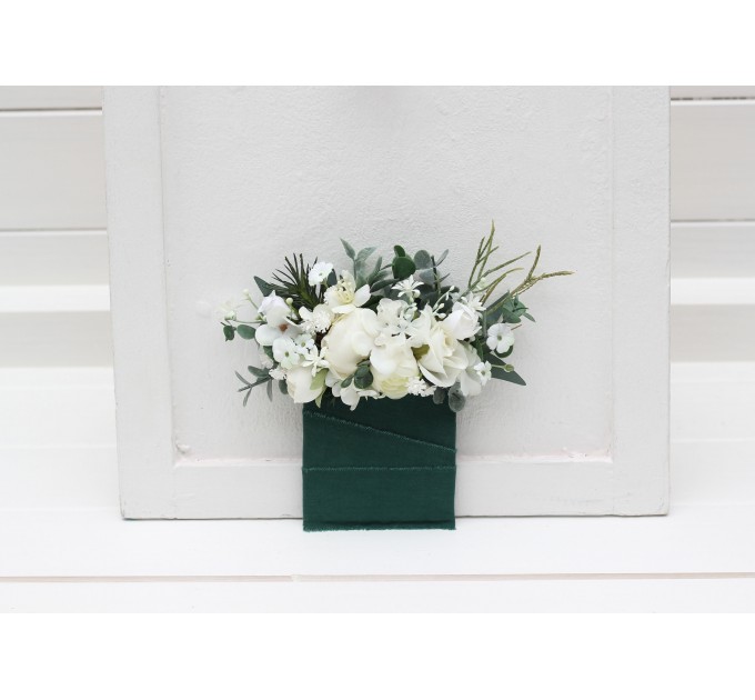 Pocket Boutonniere in White, Sage Green & Dark Green | Square Flower Accessories