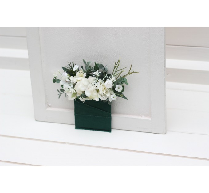 Pocket Boutonniere in White, Sage Green & Dark Green | Square Flower Accessories