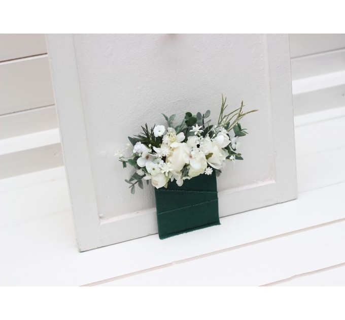 Pocket Boutonniere in White, Sage Green & Dark Green | Square Flower Accessories