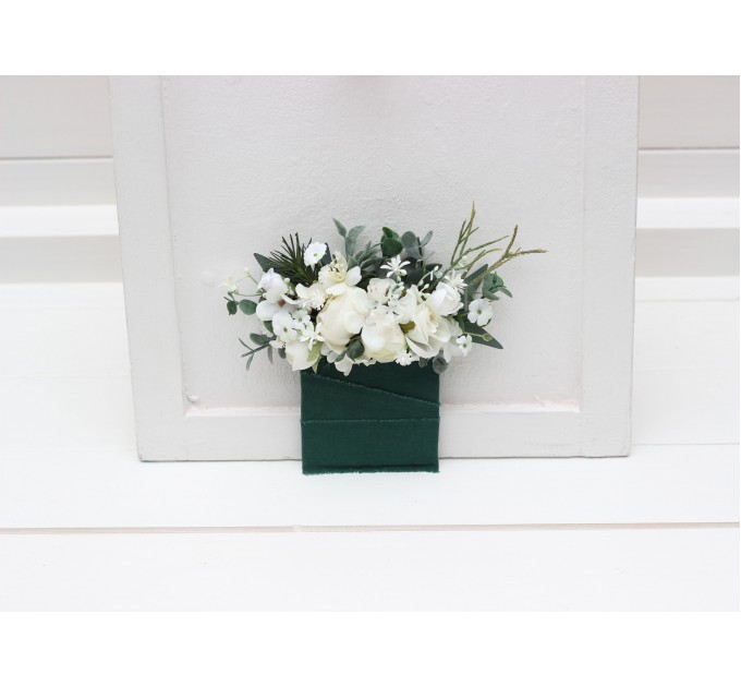 Pocket Boutonniere in White, Sage Green & Dark Green | Square Flower Accessories