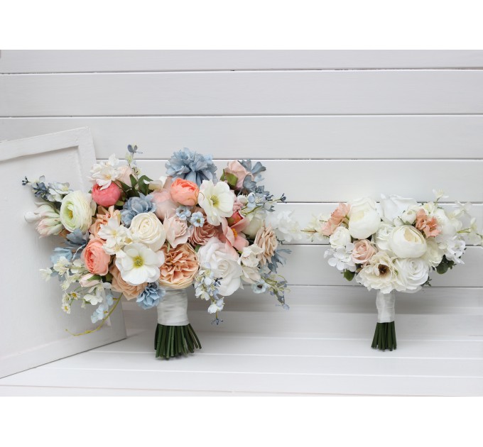 Spring & Summer Wedding Bouquets in White, Beige, Peach & Dusty Blue | Faux Bridal & Bridesmaid Daisy Bouquets