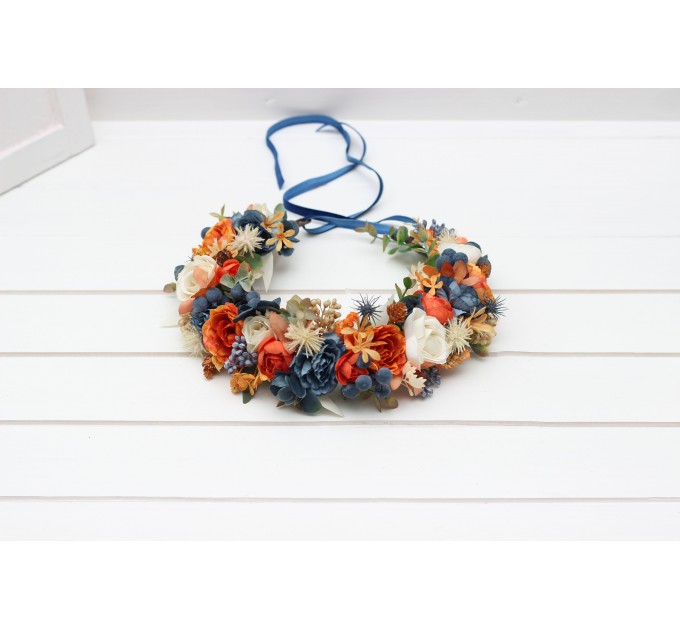 Rust navy blue ivory flower crown. Hair wreath. Flower girl crown. Wedding flowers. 5115