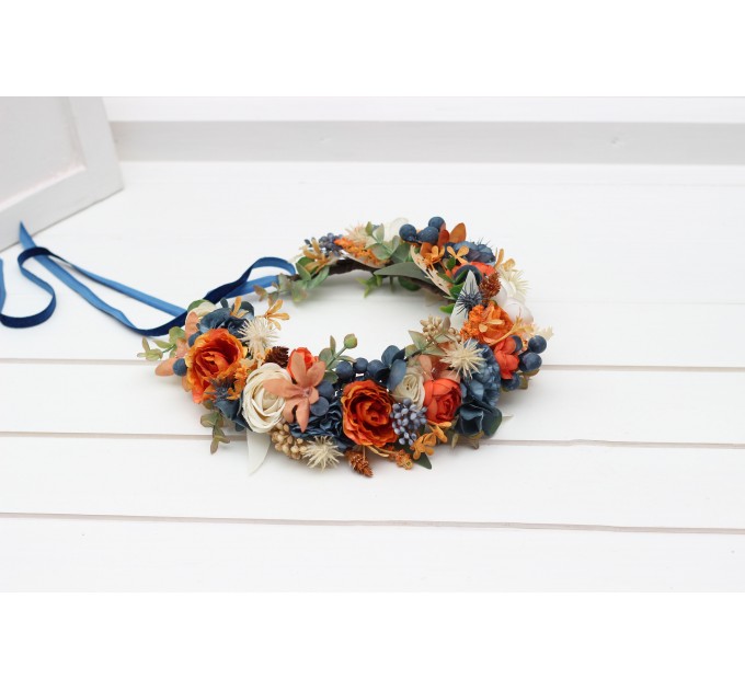 Rust navy blue ivory flower crown. Hair wreath. Flower girl crown. Wedding flowers. 5115