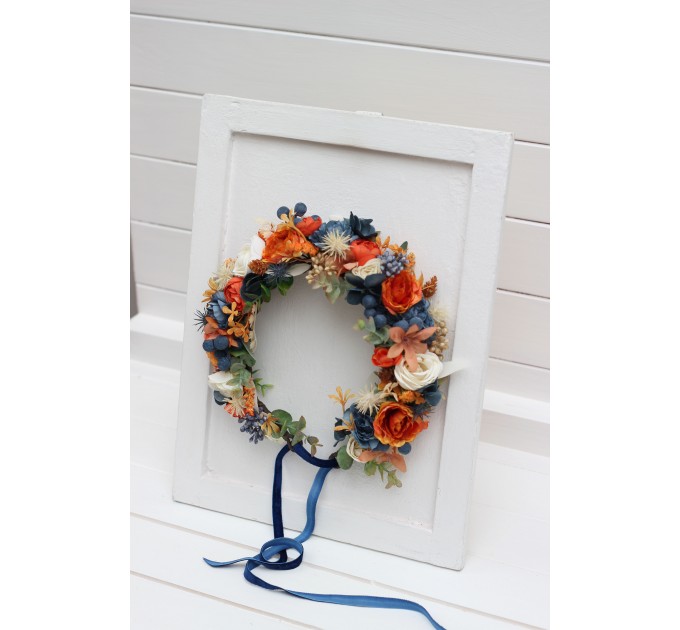 Rust navy blue ivory flower crown. Hair wreath. Flower girl crown. Wedding flowers. 5115