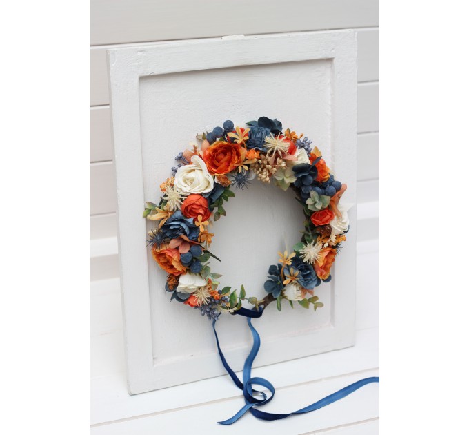 Rust navy blue ivory flower crown. Hair wreath. Flower girl crown. Wedding flowers. 5115