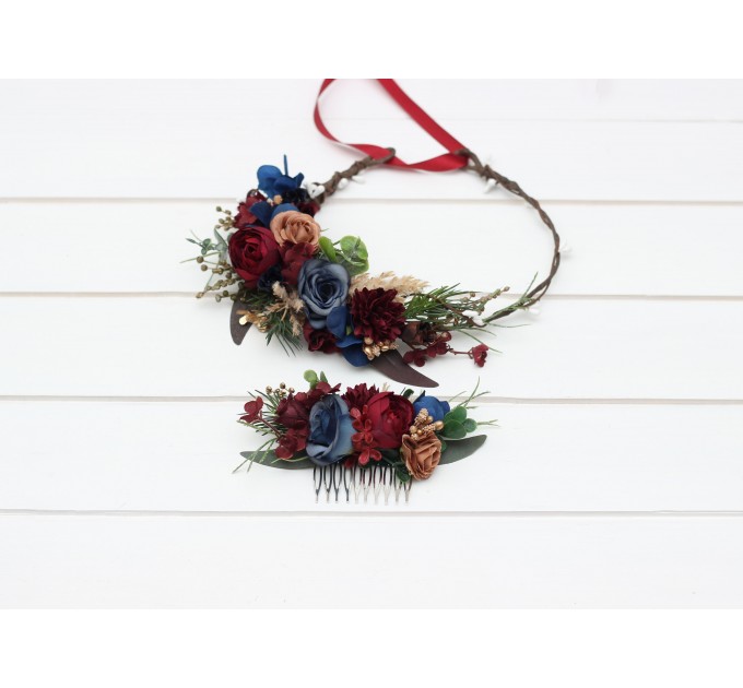 Flower comb in burgundy navy blue gold color scheme. Wedding accessories for hair. Bridal flower comb. Bridesmaid floral comb. 0031