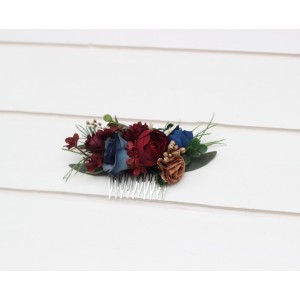 Flower comb in burgundy navy blue gold  color scheme. Wedding accessories for hair. Bridal flower comb. Bridesmaid floral comb. 0031