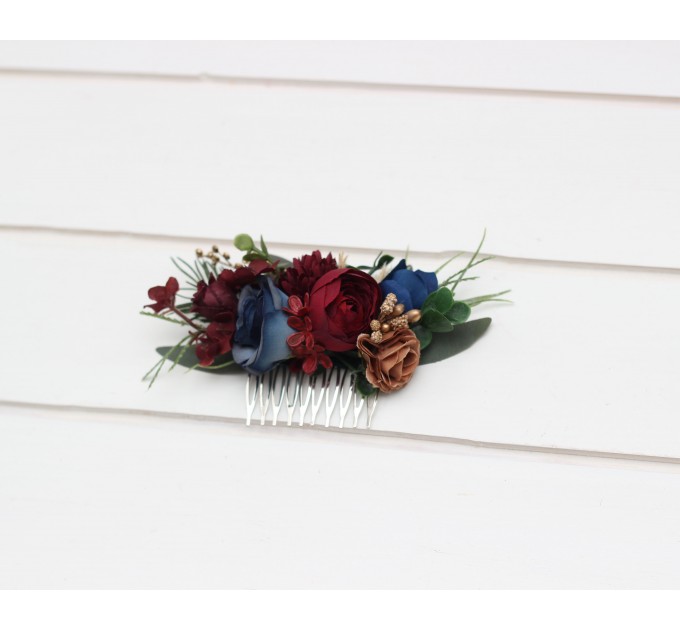 Flower comb in burgundy navy blue gold color scheme. Wedding accessories for hair. Bridal flower comb. Bridesmaid floral comb. 0031