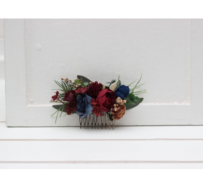 Flower comb in burgundy navy blue gold color scheme. Wedding accessories for hair. Bridal flower comb. Bridesmaid floral comb. 0031