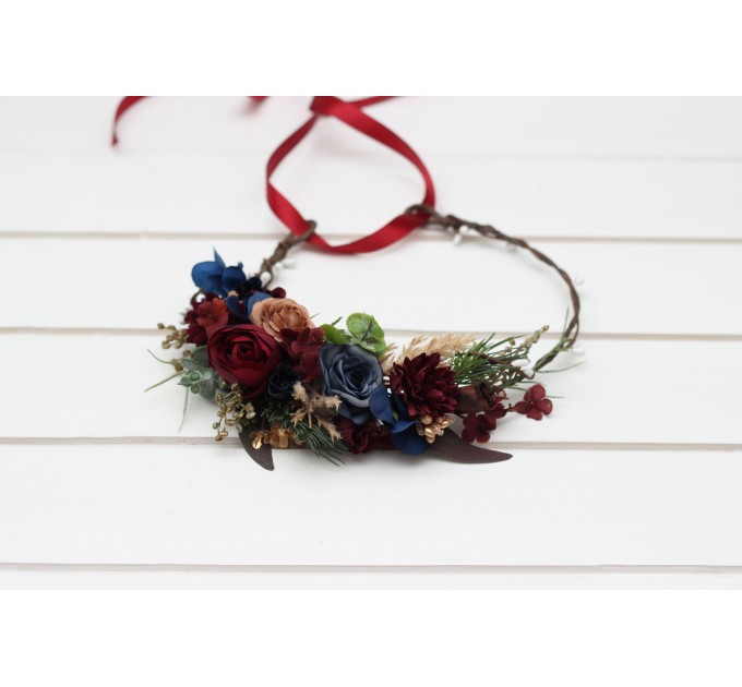 Burgundy navy blue gold flower crown. Hair wreath. Flower girl crown. Wedding flowers. 0031
