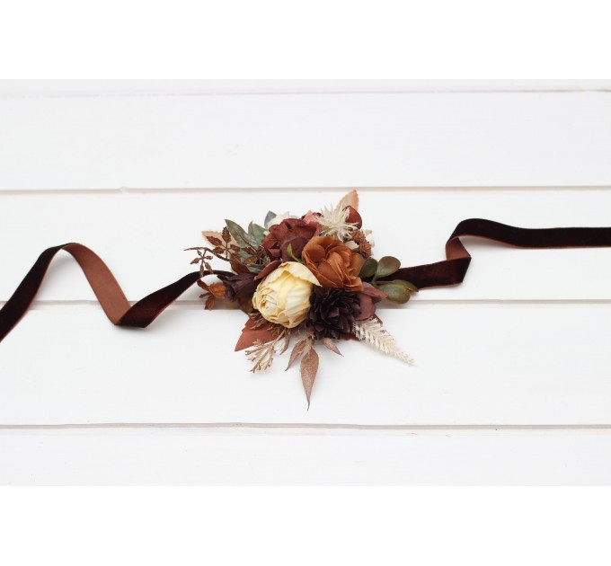 Wedding Boutonnieres & Wrist Corsage in Terracotta, Brown, Gold & Cream | Faux Flower Accessories