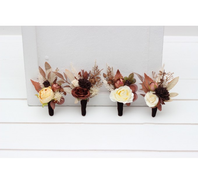 Wedding Boutonnieres & Wrist Corsage in Terracotta, Brown, Gold & Cream | Faux Flower Accessories
