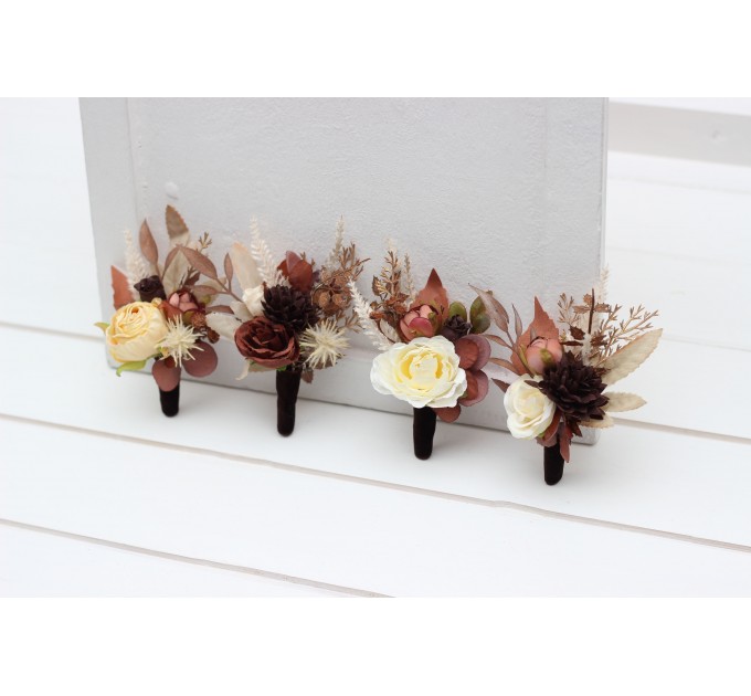 Wedding Boutonnieres & Wrist Corsage in Terracotta, Brown, Gold & Cream | Faux Flower Accessories
