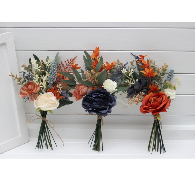 Mini bouquets for vases. Flowers for wedding decor in orange ivory rust navy blue colors. 5115