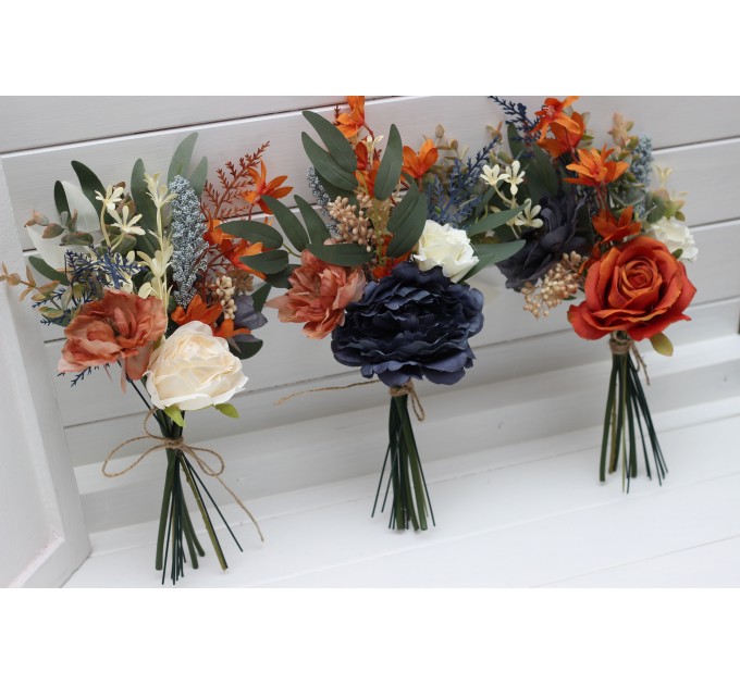 Mini bouquets for vases. Flowers for wedding decor in orange ivory rust navy blue colors. 5115