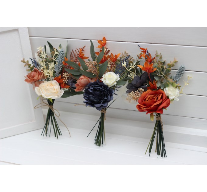 Mini bouquets for vases. Flowers for wedding decor in orange ivory rust navy blue colors. 5115