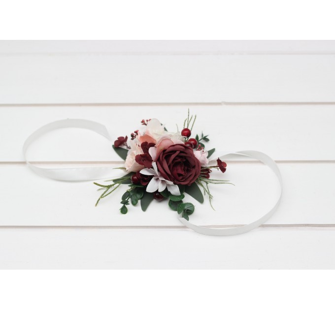 Wedding Boutonnieres & Wrist Corsage in Burgundy, Pink, White & Ivory | Faux Flower Accessories