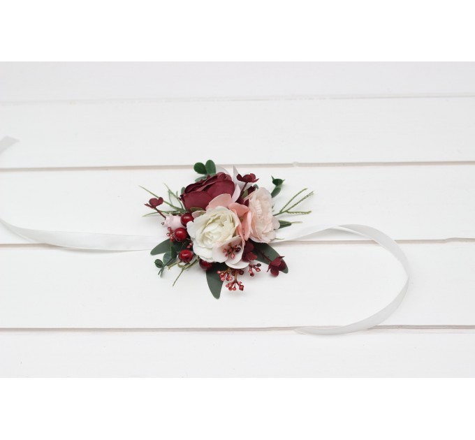 Wedding Boutonnieres & Wrist Corsage in Burgundy, Pink, White & Ivory | Faux Flower Accessories
