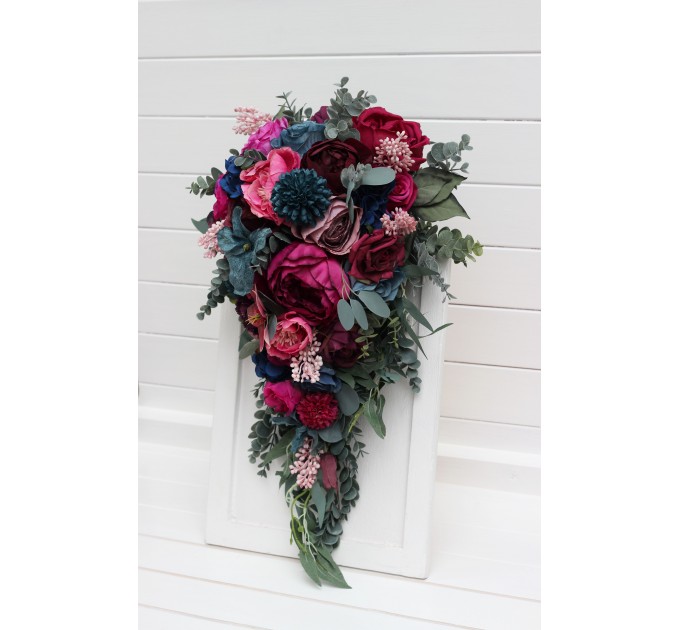 Cascading Wedding Bouquet in Jewel-Tone Colors | Emerald Green, Purple, Magenta & Teal | Faux Bridal & Bridesmaid Bouquets