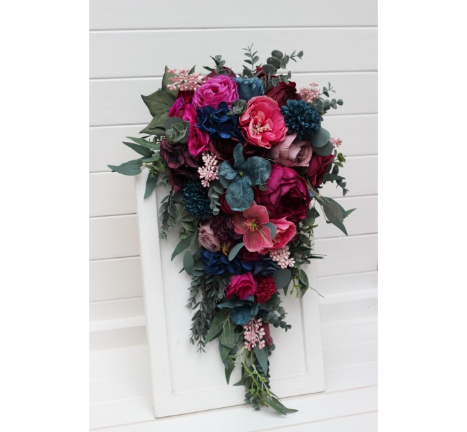 Cascading Wedding Bouquet in Jewel-Tone Colors | Emerald Green, Purple, Magenta & Teal | Faux Bridal & Bridesmaid Bouquets