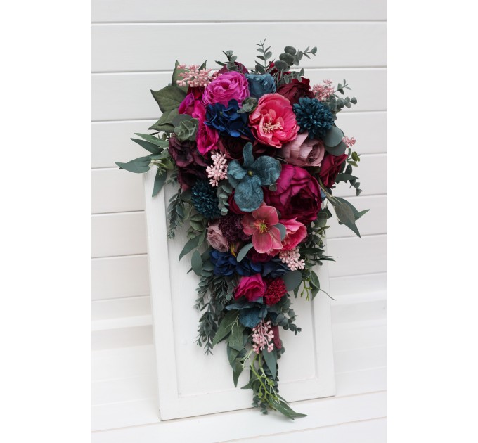 Cascading Wedding Bouquet in Jewel-Tone Colors | Emerald Green, Purple, Magenta & Teal | Faux Bridal & Bridesmaid Bouquets