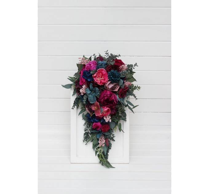 Cascading Wedding Bouquet in Jewel-Tone Colors | Emerald Green, Purple, Magenta & Teal | Faux Bridal & Bridesmaid Bouquets
