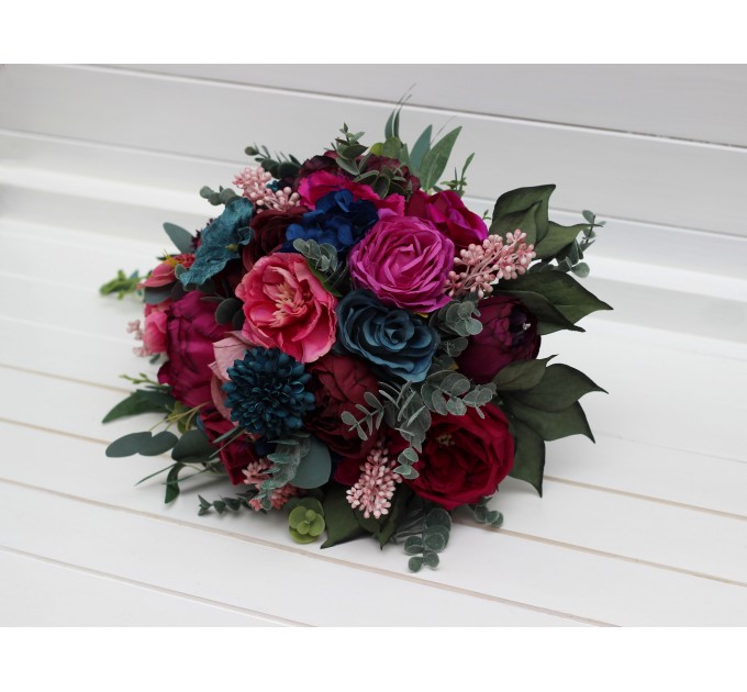 Cascading Wedding Bouquet in Jewel-Tone Colors | Emerald Green, Purple, Magenta & Teal | Faux Bridal & Bridesmaid Bouquets