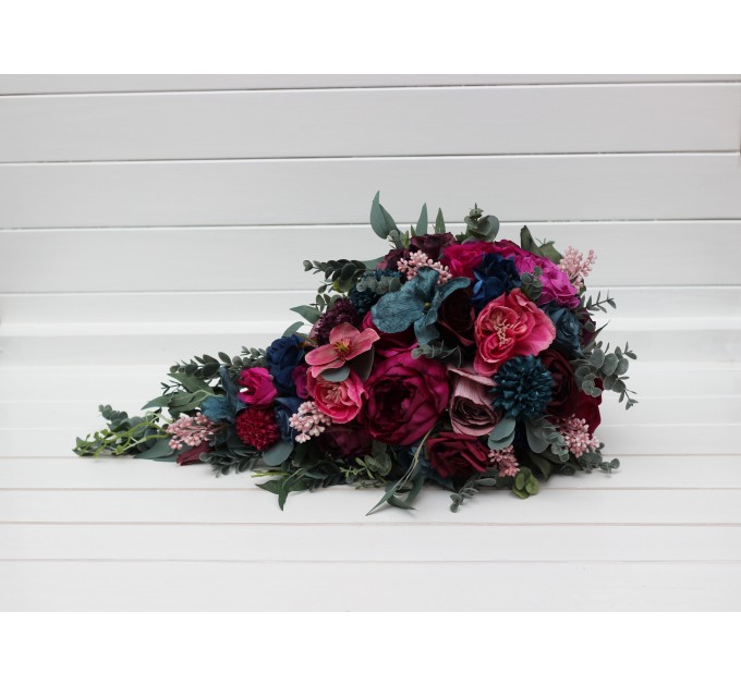 Cascading Wedding Bouquet in Jewel-Tone Colors | Emerald Green, Purple, Magenta & Teal | Faux Bridal & Bridesmaid Bouquets