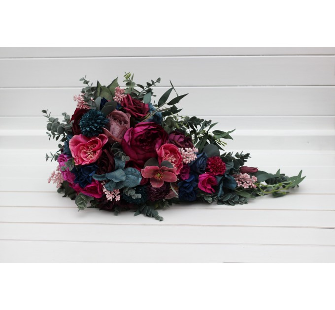 Cascading Wedding Bouquet in Jewel-Tone Colors | Emerald Green, Purple, Magenta & Teal | Faux Bridal & Bridesmaid Bouquets