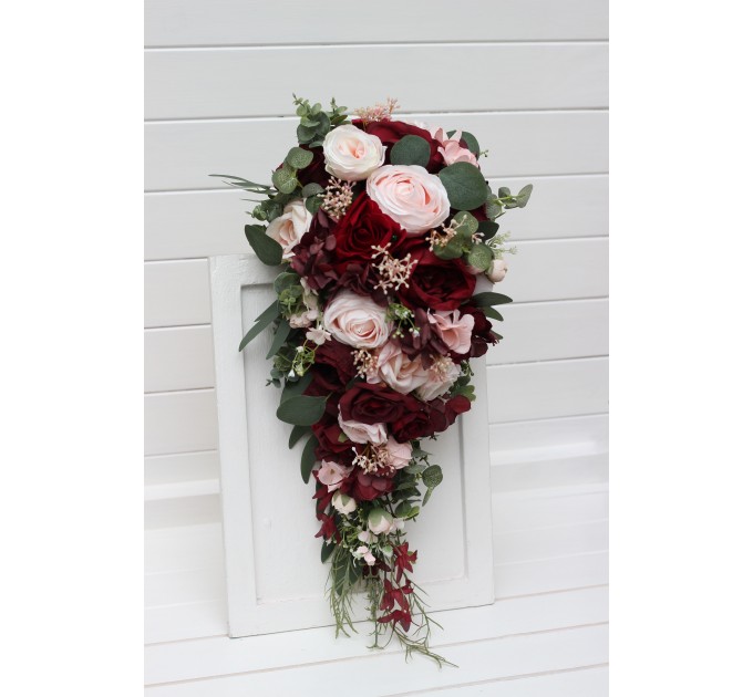 Wedding Bouquets in Burgundy & Blush Pink | Cascading Faux Bridal & Bridesmaid Bouquets