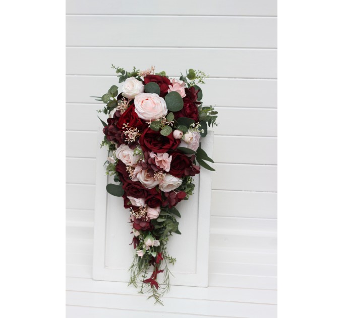 Wedding Bouquets in Burgundy & Blush Pink | Cascading Faux Bridal & Bridesmaid Bouquets