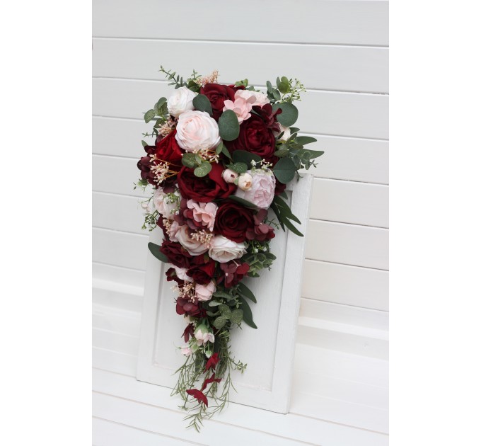 Wedding Bouquets in Burgundy & Blush Pink | Cascading Faux Bridal & Bridesmaid Bouquets