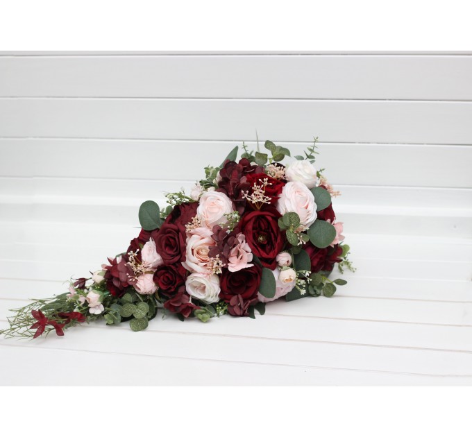 Wedding Bouquets in Burgundy & Blush Pink | Cascading Faux Bridal & Bridesmaid Bouquets